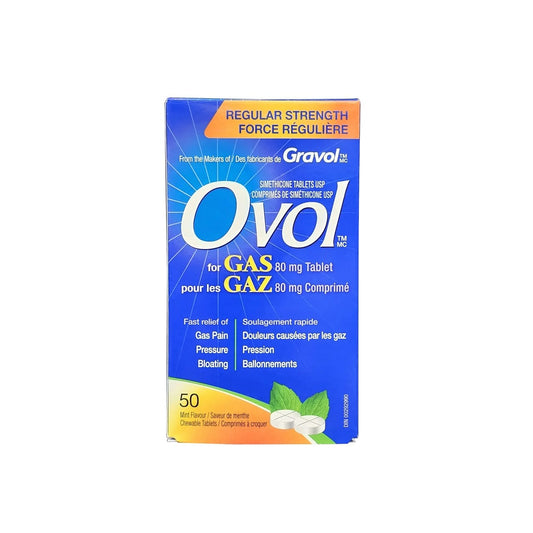 Product label for Ovol Regular Strength Simethicone 80mg Peppermint Flavour (50 tablets)
