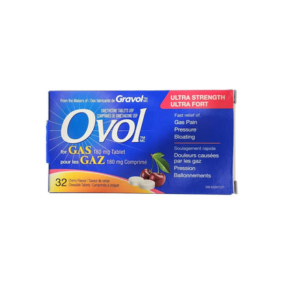 Product label for Ovol Ultra Strength (180mg) Cherry Flavour (32 tablets) Horizontal