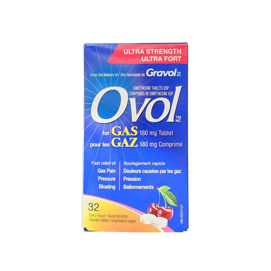 Product label for Ovol Ultra Strength (180mg) Cherry Flavour (32 tablets) Vertical
