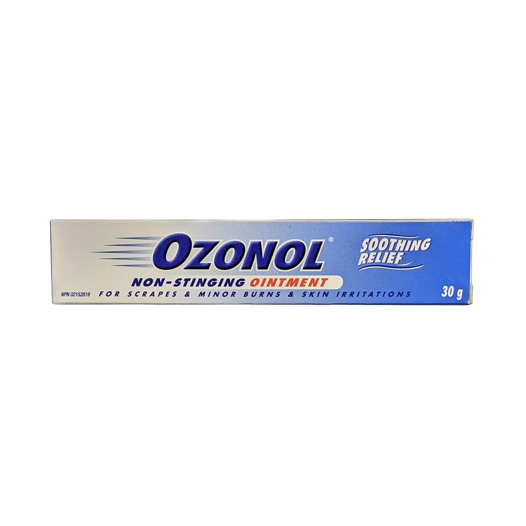 Product label for Ozonol Non-Stinging Ointment for Scrapes, Minor Burns, and Skin Irritations (30 grams) in English