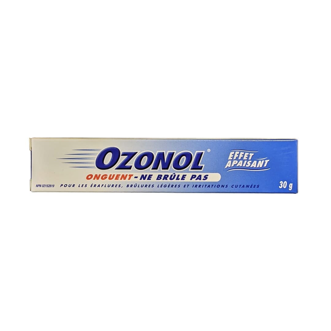 Product label for Ozonol Non-Stinging Ointment for Scrapes, Minor Burns, and Skin Irritations (30 grams) in French