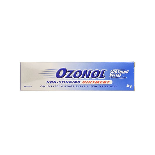 Product label for Ozonol Non-Stinging Ointment for Scrapes, Minor Burns, and Skin Irritations (60 grams) in English
