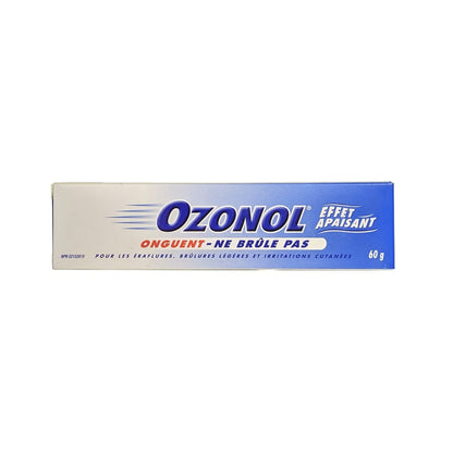 Product label for Ozonol Non-Stinging Ointment for Scrapes, Minor Burns, and Skin Irritations (60 grams) in French