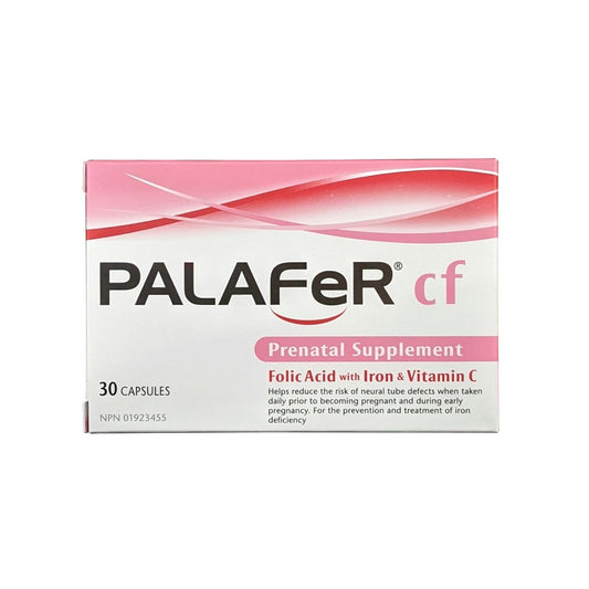 Product label for Palafer CF Prenatal Supplement Folic Acid with Iron & Vitamin D (30 Capsules) in English