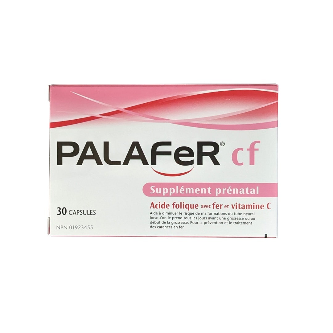 Product label for Palafer CF Prenatal Supplement Folic Acid with Iron & Vitamin D (30 Capsules) in French