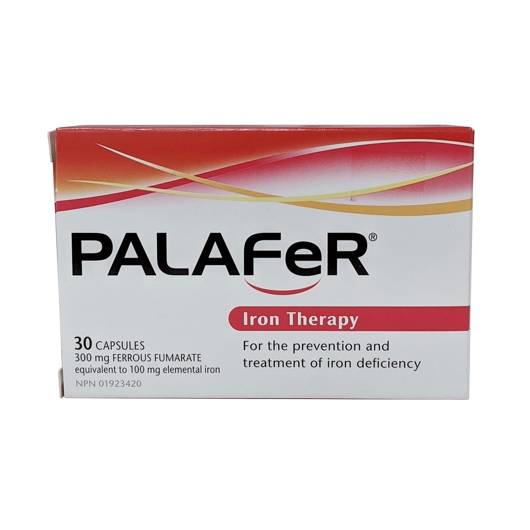 Product label for Palafer Iron Therapy Ferrous Fumarate 300mg (30 Capsules) in English
