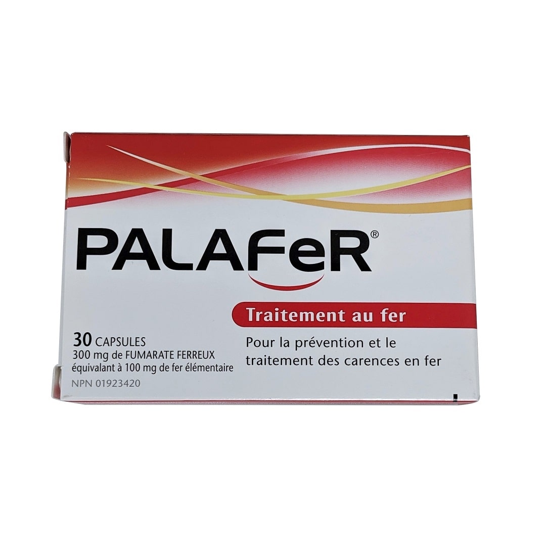 Product label for Palafer Iron Therapy Ferrous Fumarate 300mg (30 Capsules) in French