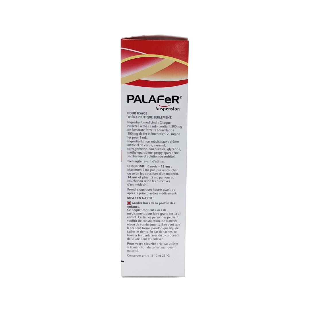 Ingredients, dosage, caution for Palafer Iron Therapy Ferrous Fumarate Suspension (Cherry Flavour) (100 mL) in French