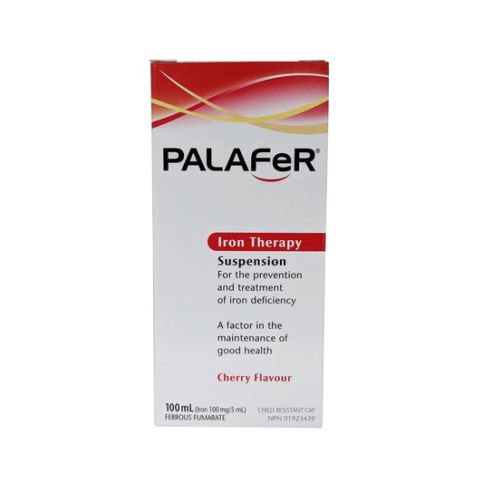 Products label for Palafer Iron Therapy Ferrous Fumarate Suspension (Cherry Flavour) (100 mL) in English