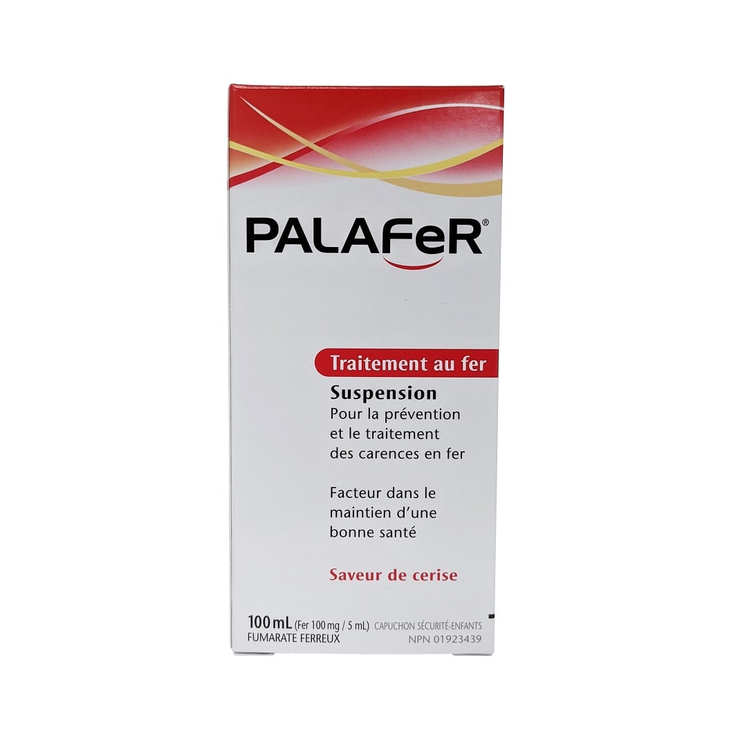 Product label for Palafer Iron Therapy Ferrous Fumarate Suspension (Cherry Flavour) (100 mL) in French