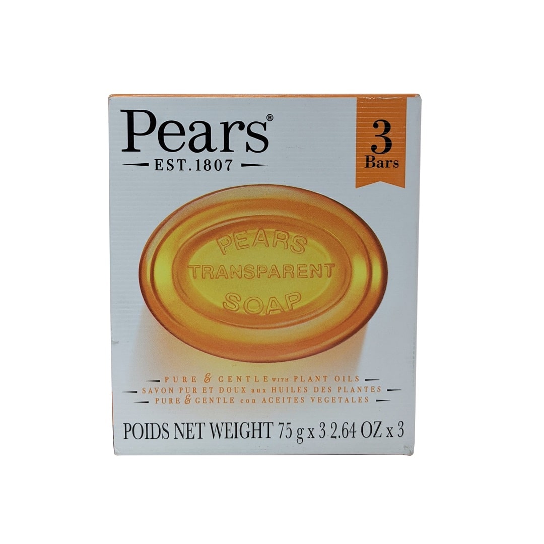 Product label for Pears Pure and Gentle Bar Soap (3 x 75 grams)