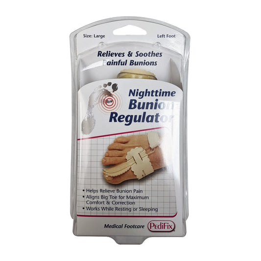 Product label for PediFix Nighttime Bunion Regulator (Large) left foot.