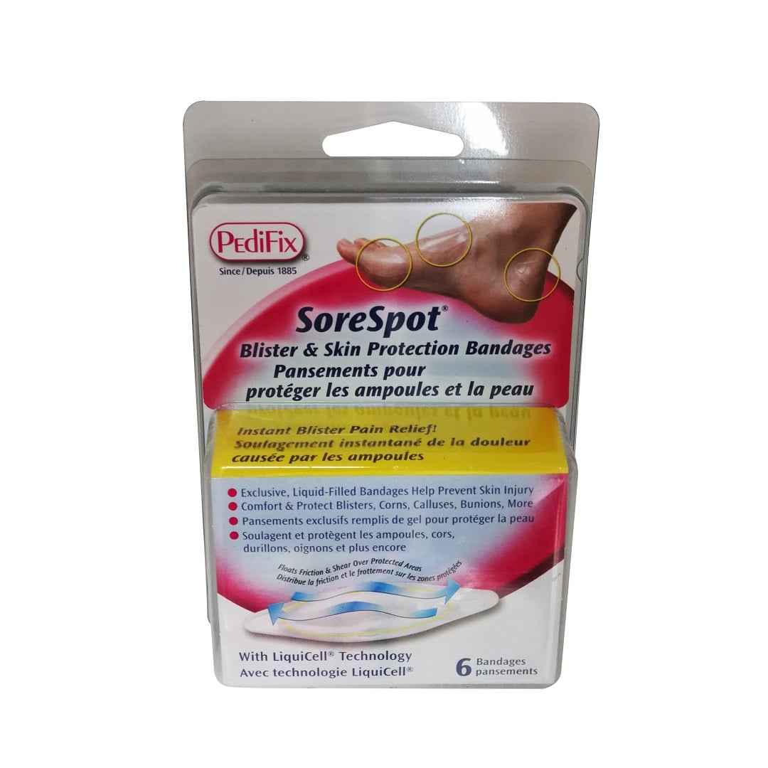 Product label for PediFix SoreSpot Blister & Skin Protection Bandages (6 bandages)