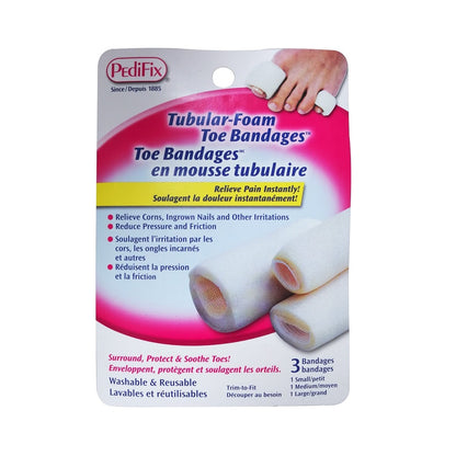 Product label for PediFix Tubular Foam Toe Bandages (3 count)