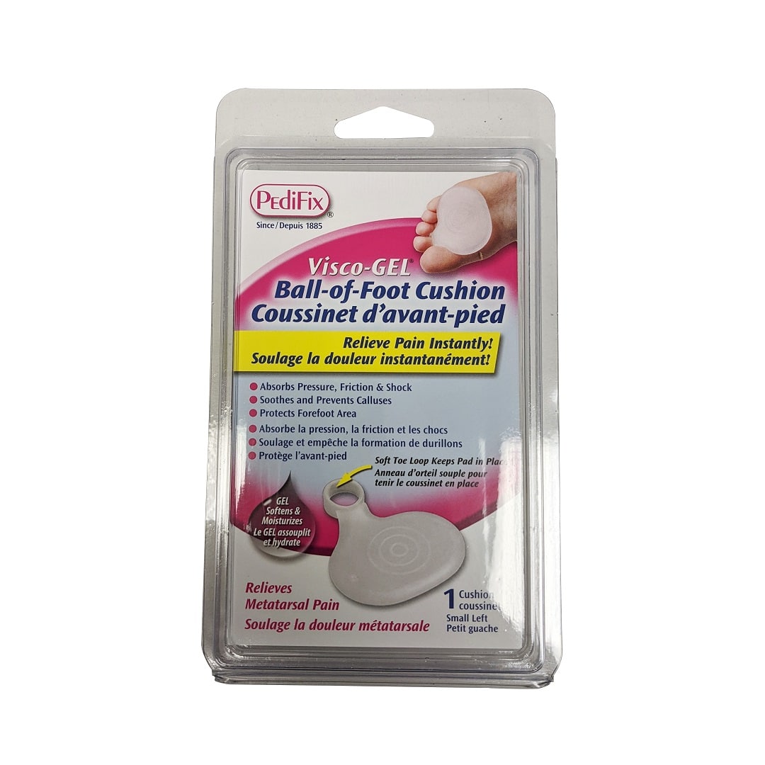 Product label for PediFix Visco-Gel Ball-of-Foot Cushion (Small) left foot