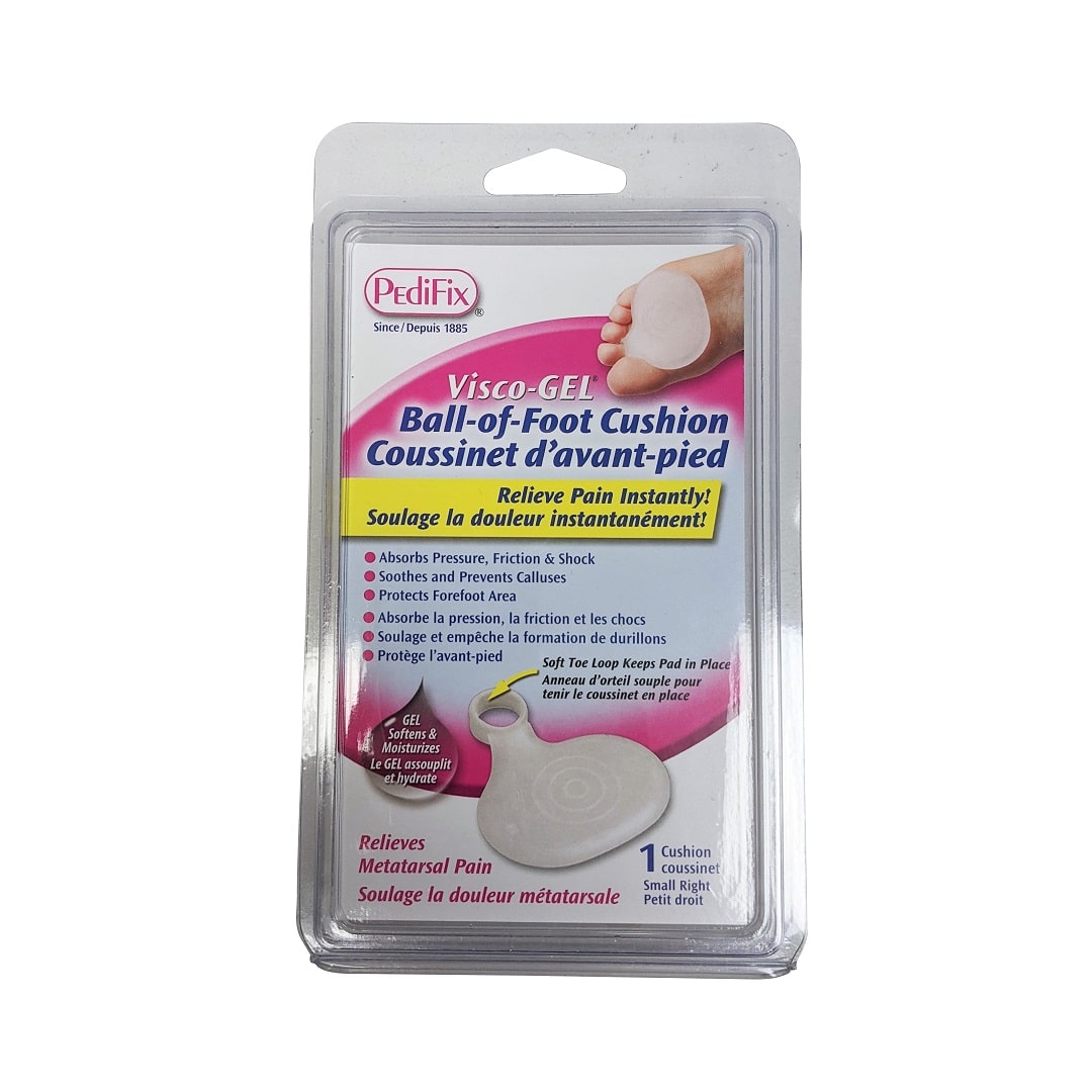 Product label for PediFix Visco-Gel Ball-of-Foot Cushion (Small) right foot