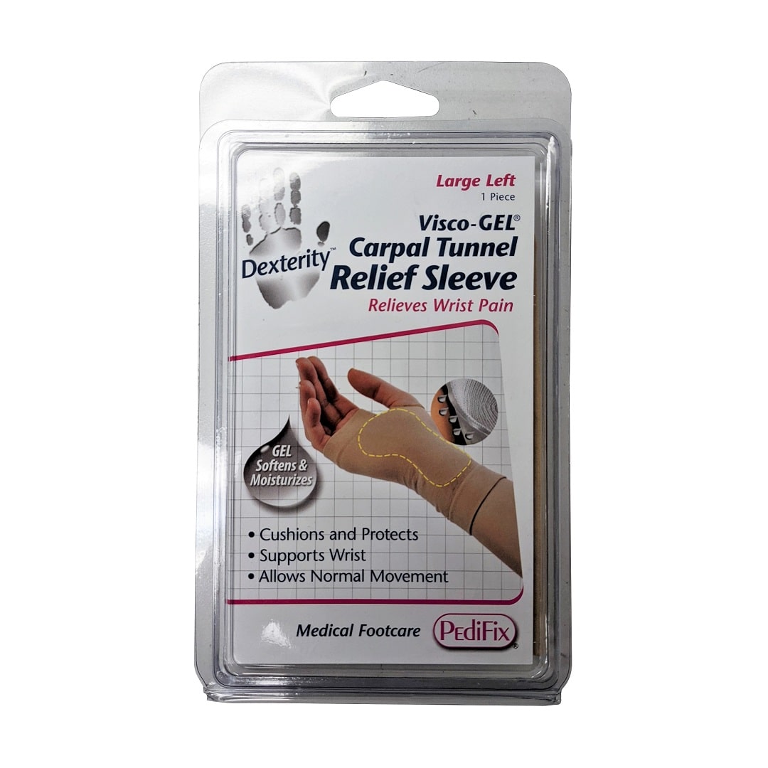 Product label for PediFix Visco-Gel Carpal Tunnel Relief Sleeve (Large) left hand