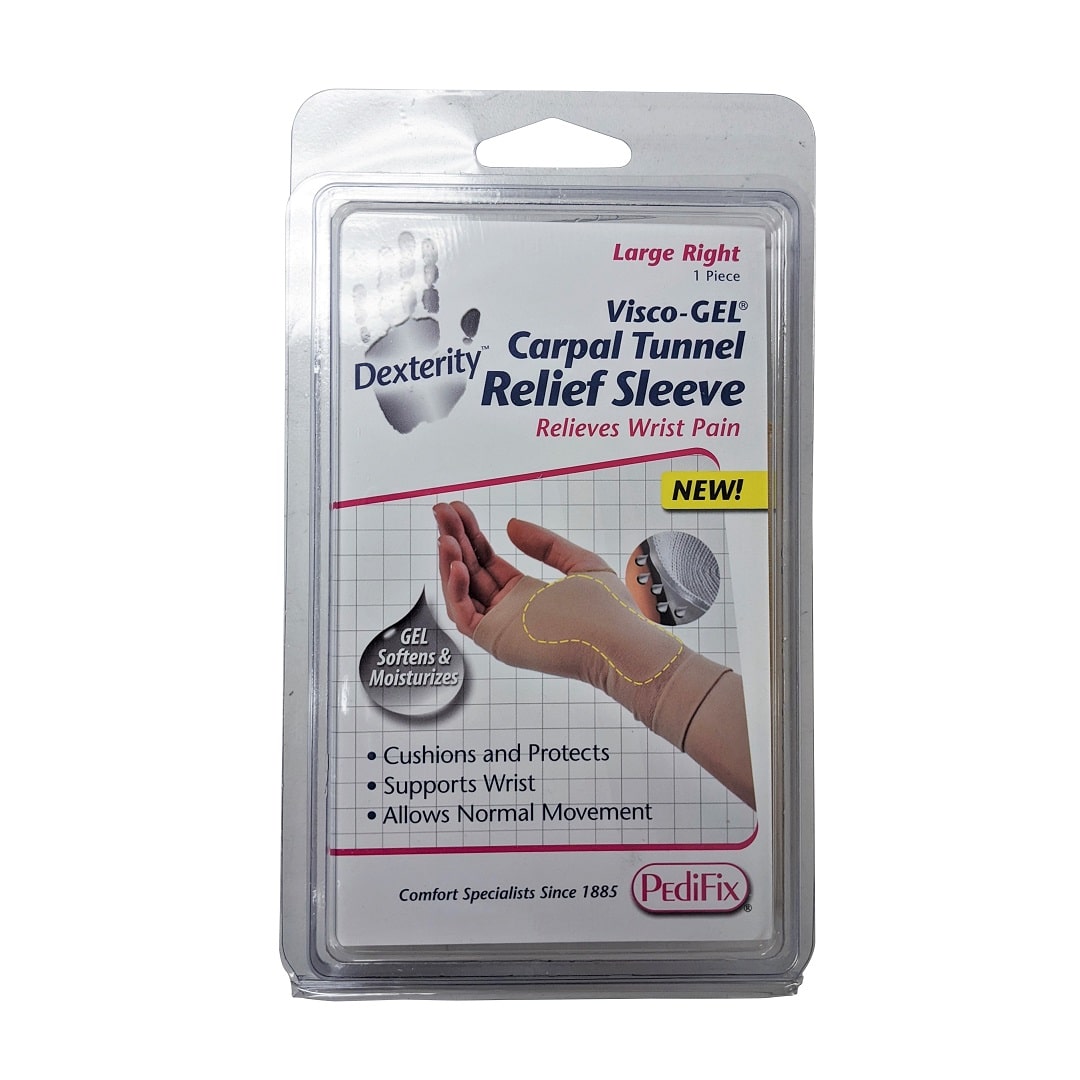 Product label for PediFix Visco-Gel Carpal Tunnel Relief Sleeve (Large) right hand