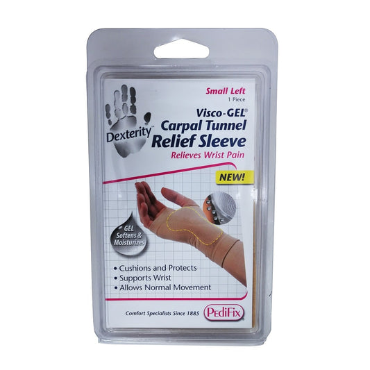 Product label for PediFix Visco-Gel Carpal Tunnel Relief Sleeve (Small) left hand
