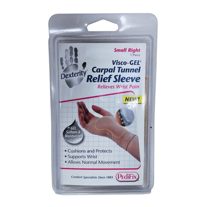 Product label for PediFix Visco-Gel Carpal Tunnel Relief Sleeve (Small) right hand