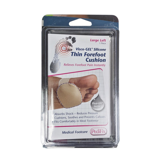 Product label for PediFix Visco-Gel Silicone Thin Forefoot Cushion (Large) left foot