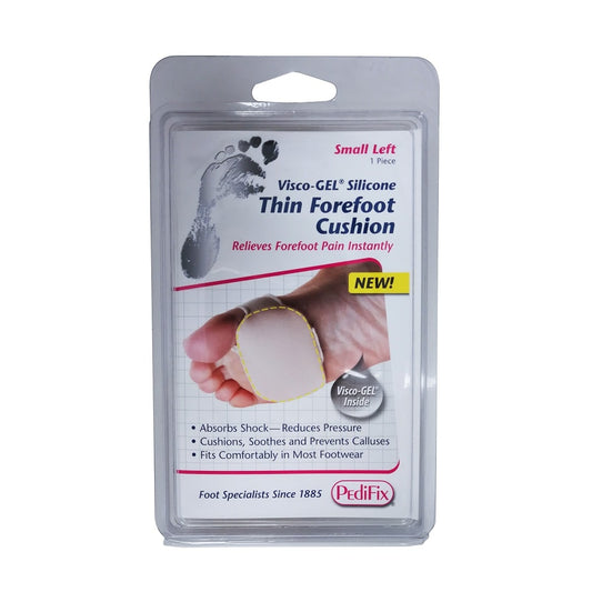 Product label for PediFix Visco-Gel Silicone Thin Forefoot Cushion (Small) left foot