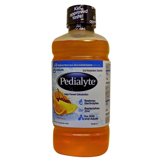 Product label for Pedialyte Oral Rehydration Solution (1000 mL) fruit flavour in English