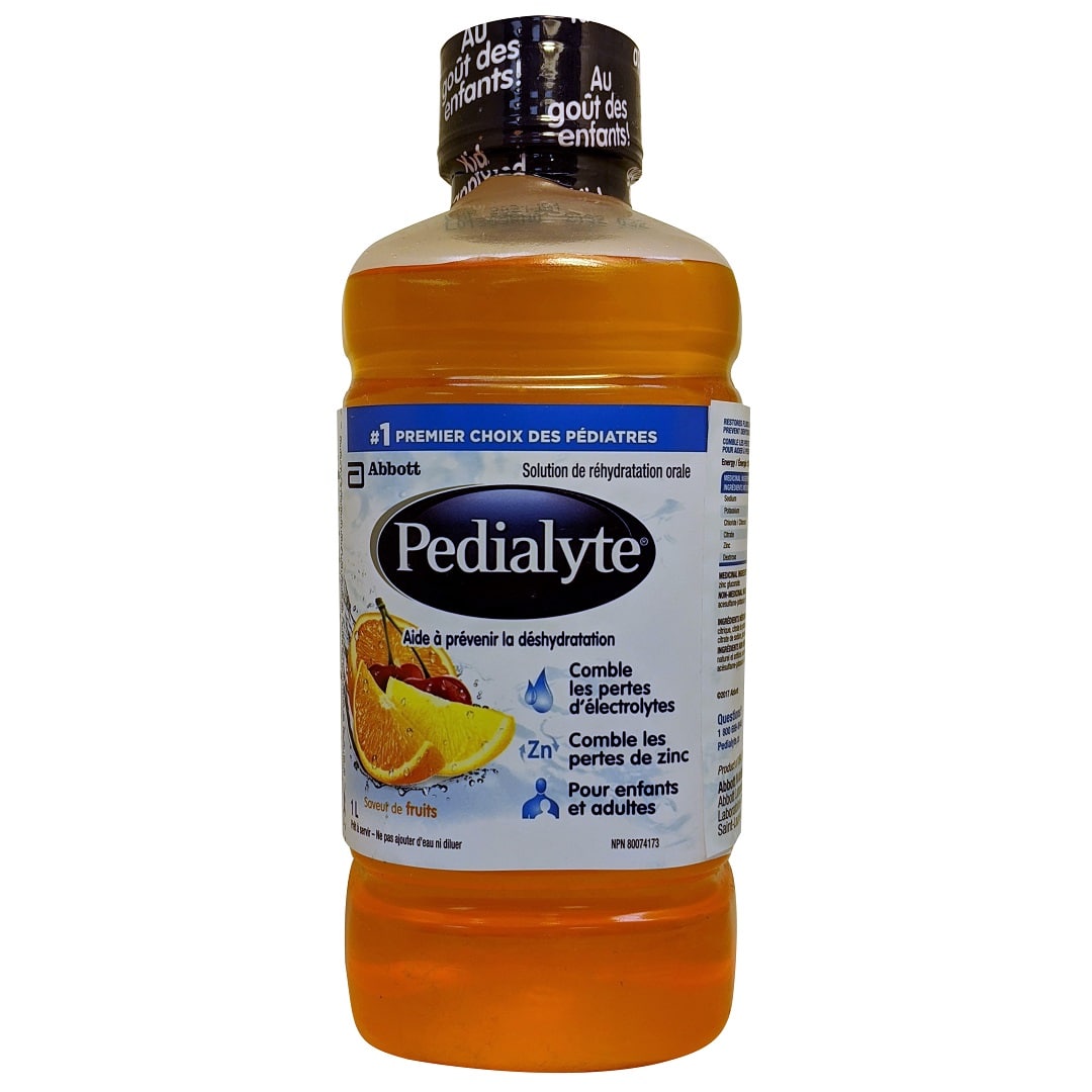 Product label for Pedialyte Oral Rehydration Solution (1000 mL) Fruit Flavour in French
