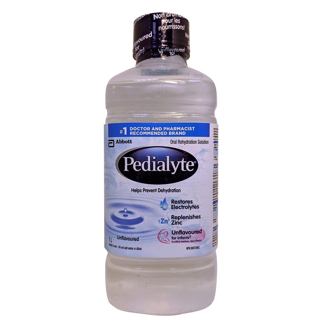 Product label for Pedialyte Oral Rehydration Solution (1000 mL) unflavoured in English