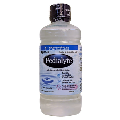 Product label for Pedialyte Oral Rehydration Solution (1000 mL) unflavoured in French