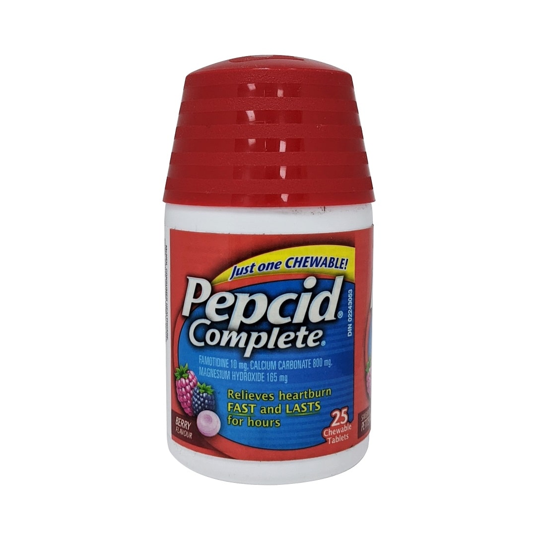 Product label for Pepcid Complete (Berry Flavour) (25 chewable tablets) in English
