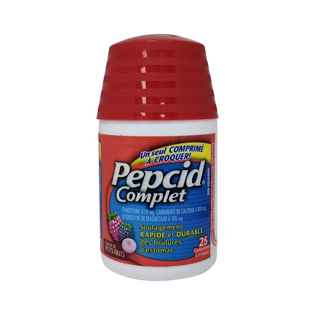 Product label for Pepcid Complete (Berry Flavour) (25 chewable tablets) in French