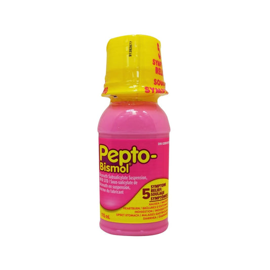 Product label for Pepto-Bismol Liquid for Nausea, Heartburn, Indigestion, Upset Stomach, Diarrhea 115 mL