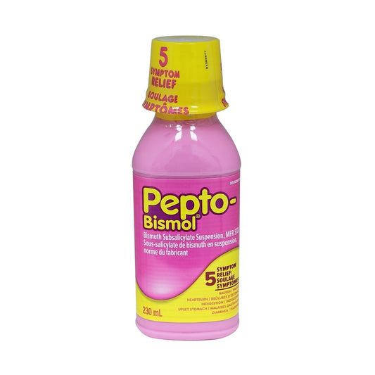 Product label for Pepto-Bismol Liquid for Nausea, Heartburn, Indigestion, Upset Stomach, Diarrhea 230 mL