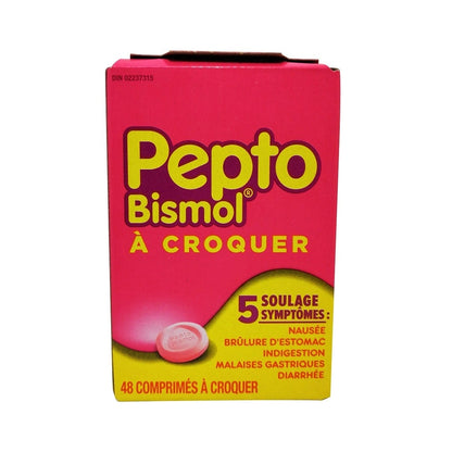 Product label for Pepto-Bismol Chewables for Nausea, Heartburn, Indigestion, Upset Stomach, Diarrhea 48 tabs in French