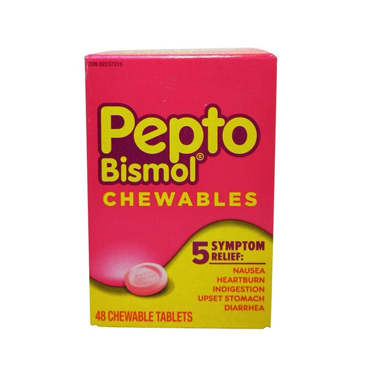 Product label for Pepto-Bismol Chewables for Nausea, Heartburn, Indigestion, Upset Stomach, Diarrhea 48 tabs in English