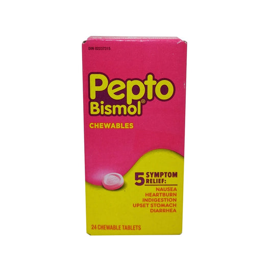 Product label for Pepto-Bismol Chewables for Nausea, Heartburn, Indigestion, Upset Stomach, Diarrhea 24 tabs in English