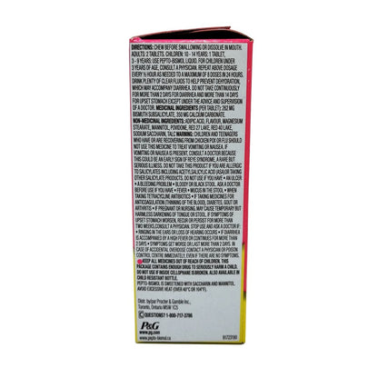 Directions, ingredients, warnings for Pepto-Bismol Chewables for Nausea, Heartburn, Indigestion, Upset Stomach, Diarrhea 48 tabs in English
