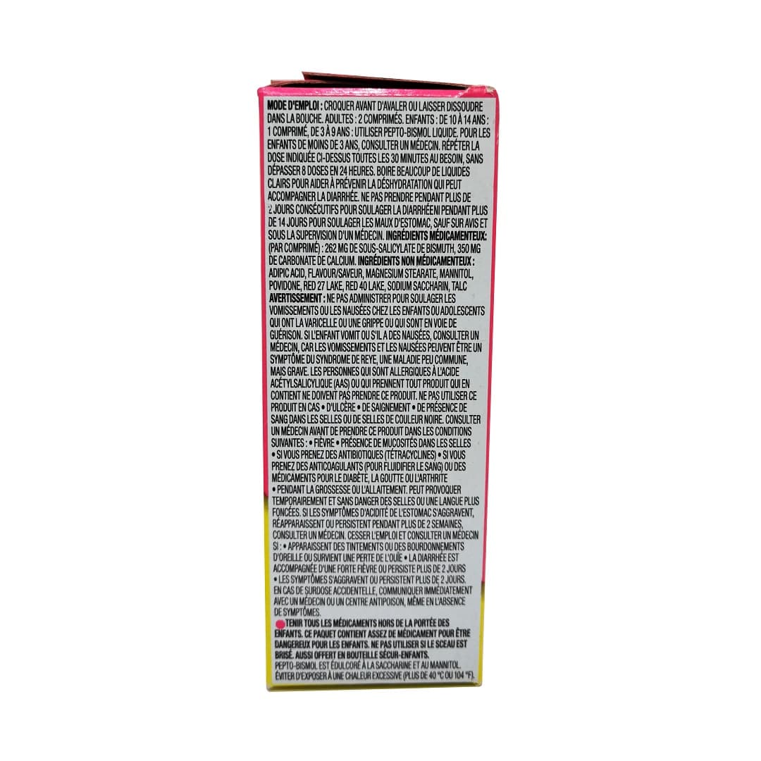 Directions, ingredients, warnings for Pepto-Bismol Chewables for Nausea, Heartburn, Indigestion, Upset Stomach, Diarrhea 48 tabs in French