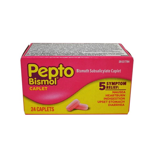 Product label for Pepto-Bismol for Nausea, Heartburn, Indigestion, Upset Stomach, Diarrhea 24 caps in English