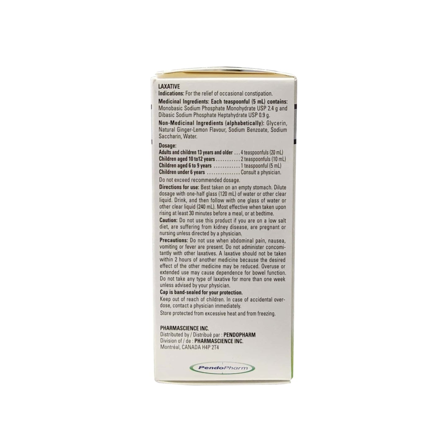 Indications, ingredients, dosage, directions, cautions for Pharma Science Phosphates Solution Laxative Ginger-Lemon Flavour (45 mL) in English