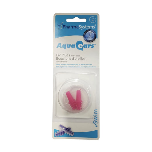 Product label for PharmaSystems AquaEars Ear Plugs with Case (1 pair)