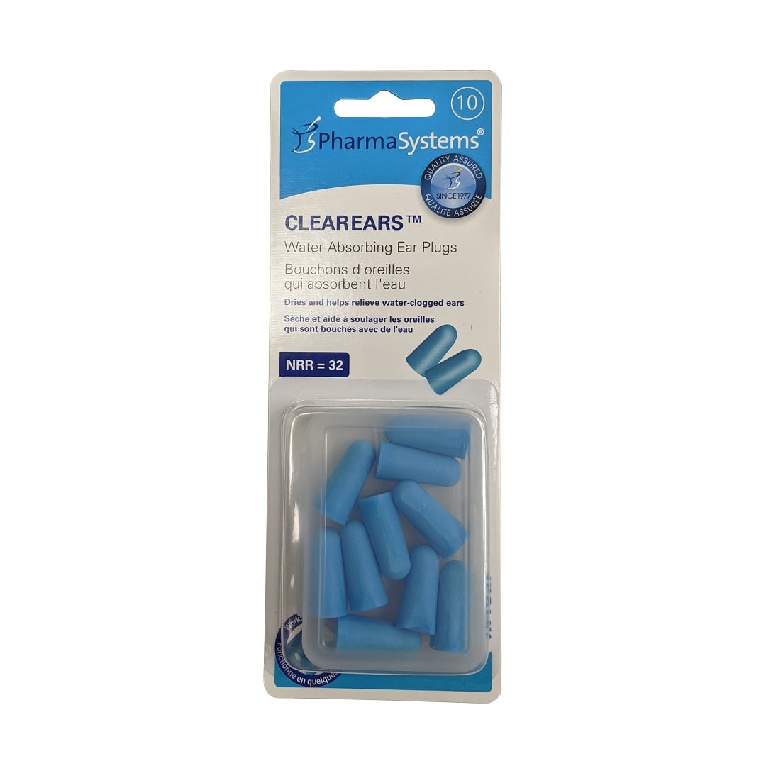 Product label for PharmaSystems Clearears Water Absorbing Ear Plugs (10 count) 