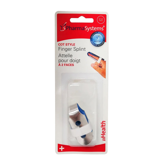Product label for PharmaSystems Cot Style Finger Splint (Small)