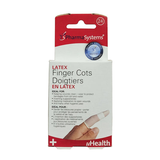 Product label for PharmaSystems Latex Finger Cots (24 count)