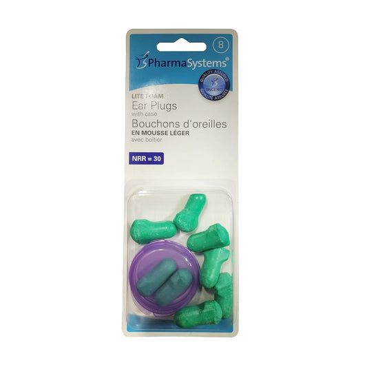 Product label for PharmaSystems Lite Foam Ear Plugs with Case (8 count)