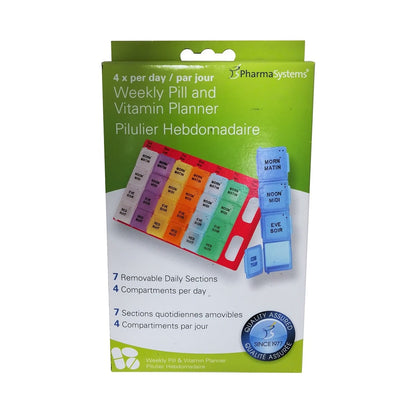 Product label for PharmaSystems Weekly Pill Planner Box 4x per day