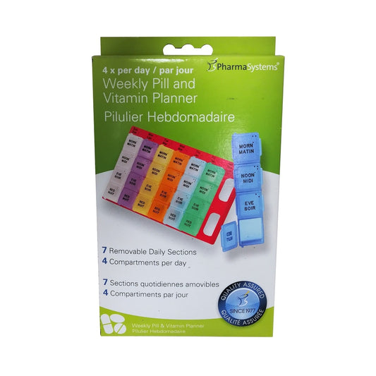 Product label for PharmaSystems Weekly Pill Planner Box 4x per day