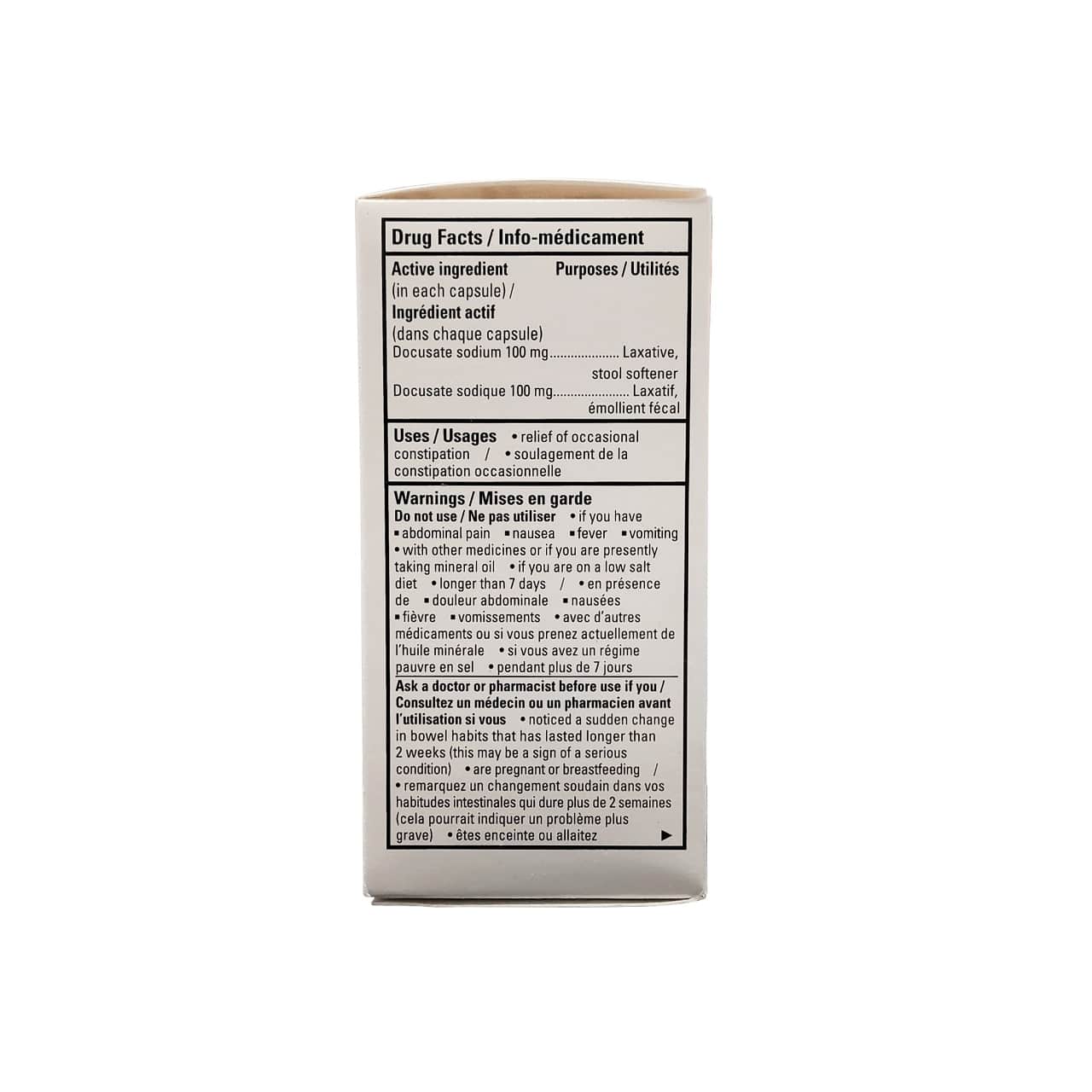 Ingredients, uses, warnings for Pharmascience Soflax Docusate Sodium 100 mg (100 capsules)