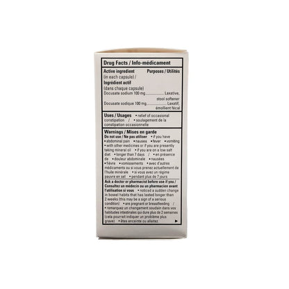 Ingredients, uses, warnings for Pharmascience Soflax Docusate Sodium 100 mg (100 capsules)